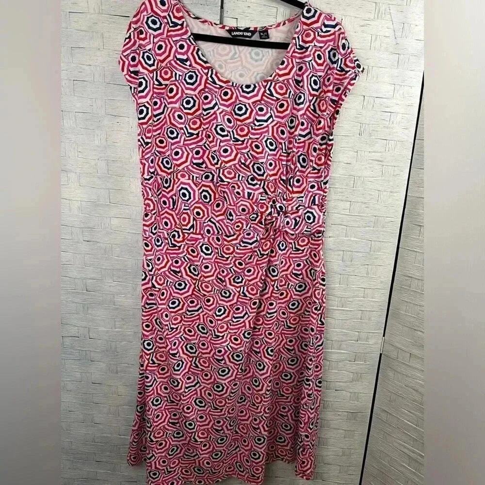 Lands’ End Print cap sleeve Dress Costal asymmetrical‎ Twist tall plus size